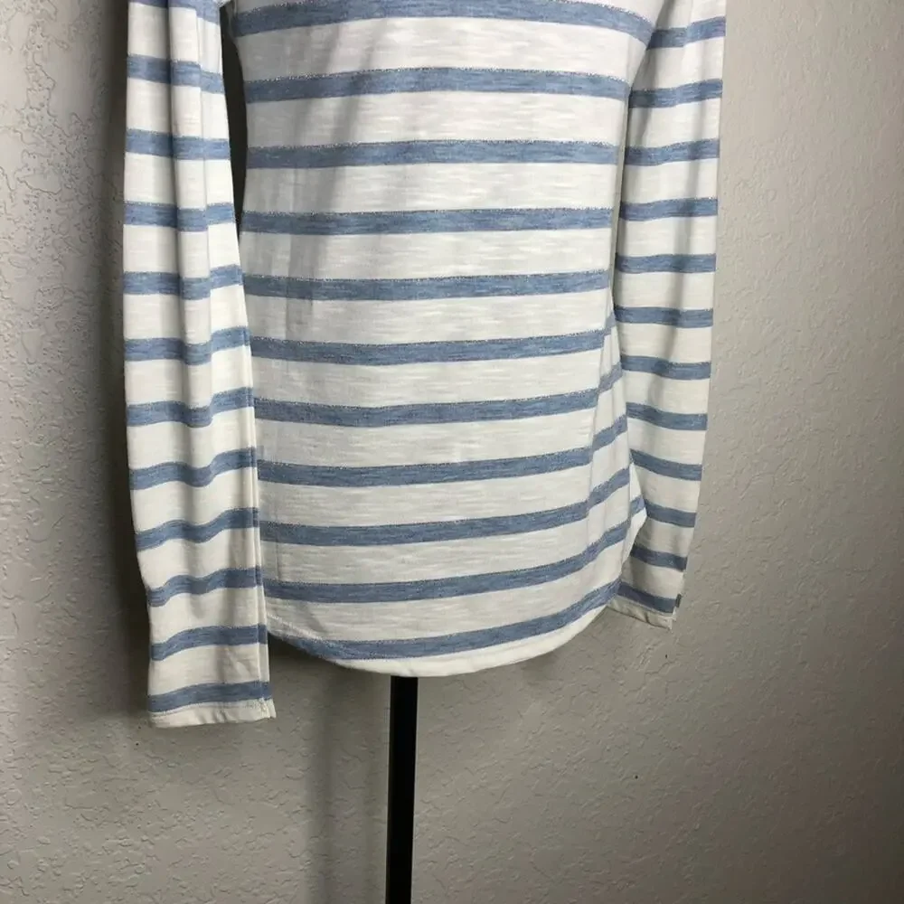 WHBM white blue silver striped long sleeve knit top size Extra Small XS
